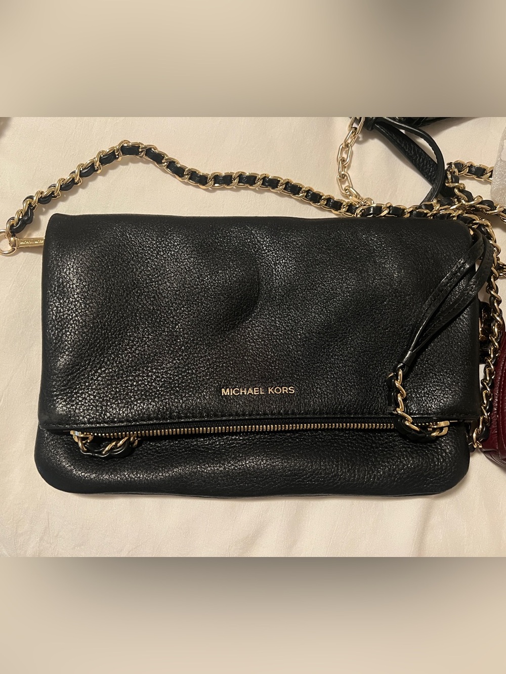 Michael Kors Black Pebbled Leather Chain-Trim Crossbody Bag with Tassel Zipper - Picture 7 of 7